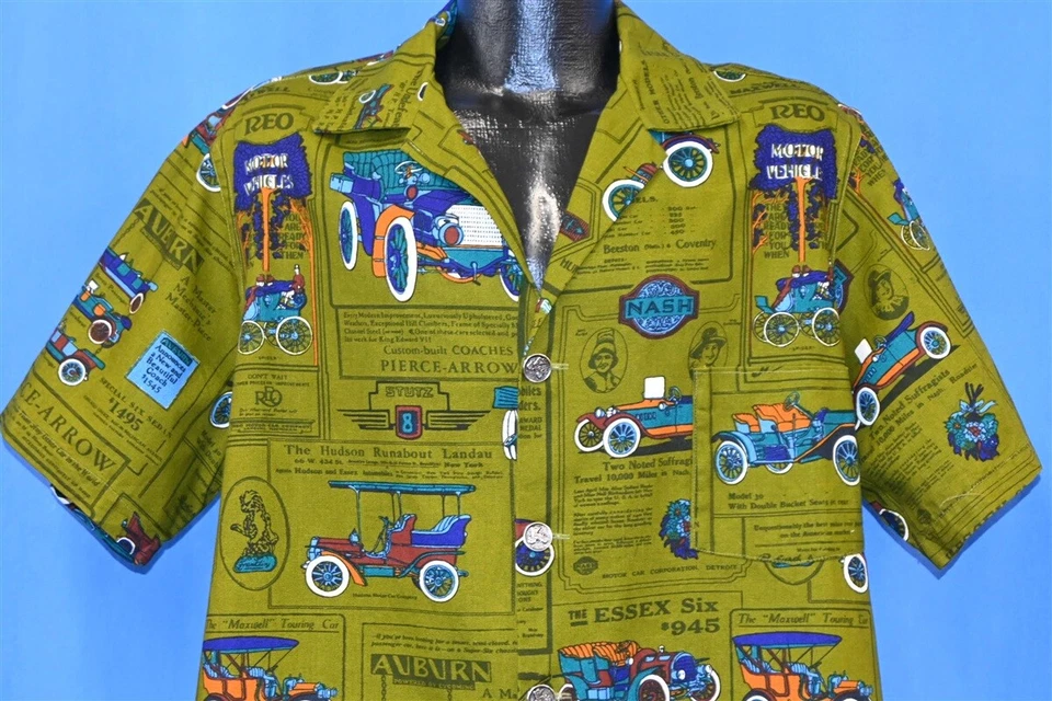 Camisa masculina vintage anos 60 PIERCE ARROW AUBURN MOTOR CARS ACAMPAMENTO VERDE BOTÃO PARA BAIXO GG - Imagem 1 de 4