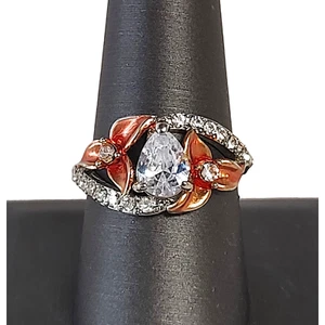 Orange Lucite Flowers & Rhinestone Teardrop Silver Tone Cocktail Ring Size 8.75 - Picture 1 of 7