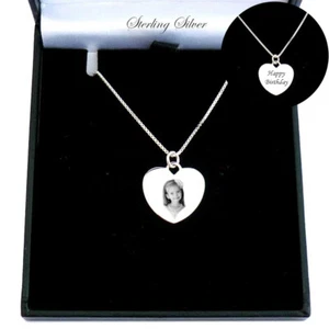 Sterling Silver Photo Heart Necklace, Personalised, Engraved for Women or Girls - Picture 1 of 12