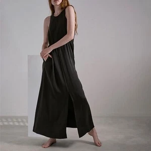 $248 NEW Lunya Washable Silk Maxi Racer Sz XS Black Nightgown Front Slit Pockets - Picture 1 of 14