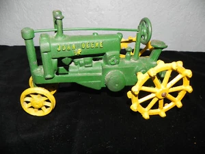 Vintage Heavy Cast Iron Green and Yellow JOHN DEERE OP? DP? GP? Toy Tractor 8" - Picture 1 of 7