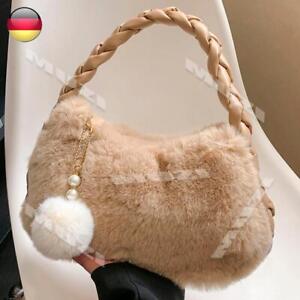 Ladies Fluffy Bags PU Braid Strap Fake Fur Hobo Bag Tote Handbags (Khaki) -DE