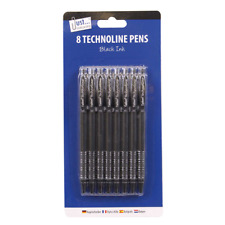 Pack Of 8 Technoline Black Ink Pens Fine Line Stationery Office School Work Home