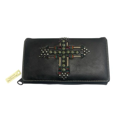 Cartera Larga Montana West Negra Tachonada Bordada Cruz Western Triple Plegable Cremallera  Foto 1 de 4