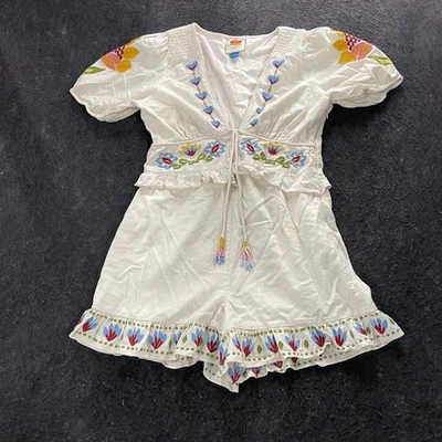 FARM RIO Embroidered Peplum Romper Women's Size S Ivory - Image 1 of 4