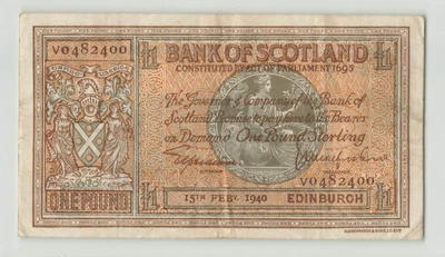 ESCOCIA 1 libra 1940, P-91b, Banco de Escocia, V0482400, original grado VF. B3 Foto 1 de 2