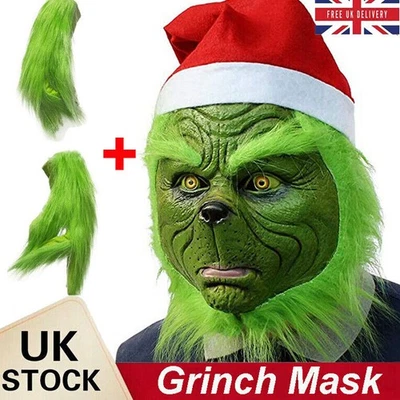 The Grinch Full Head Latex Mask Xmas Hat Monster Adult Costume Cosplay - Image 1 of 4