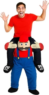 Adult Mario Super Bros Piggyback Costume Men`s Red Plumber Ride On Fancy Dress - Image 1 of 4