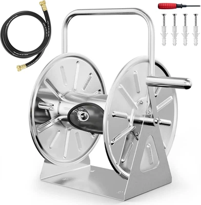 Stainless Steel Garden Hose Reel, Portable Outdoor Metal Wall Mount/Floor Spool, - Image 1 of 4