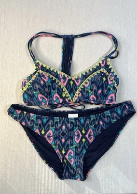 Xhilaration Women's Bikini Top S, bottom M, Lime Green Pink Print - Image 1 of 4