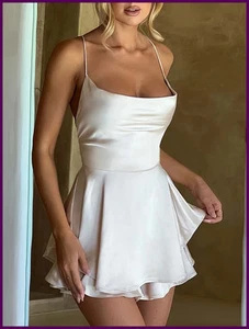 Satin Silk Women Sexy Cami Playsuits Dress Solid Cowl Neck Sleeveless Short... - Picture 1 of 30