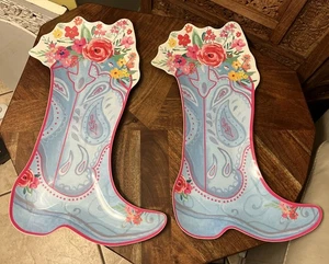 x2 Pioneer Woman Serving Platter Cowgirl Boot Floral Blue Pink Melamine Set NEW - Picture 1 of 4