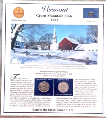 Vermont 2001 Statehood Quarters P &D Postal Commemorative Society Sheet - Image 1 of 4