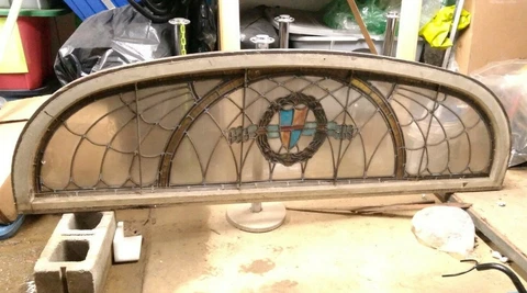 Antique Stained Glass arched transom - Shield Crest - 88-1/4x26-1/2x1-3/4 Cover