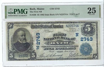 1902 $5 Bath, ME FNB of Bath Date Back CH# 2743 Fr# 590 PMG VF 25 - Image 1 of 2
