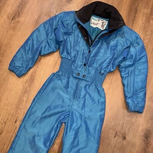 Vtg 80s Nils Ski Suit One piece Snowsuit Snow Bib Apres Iridescent Blue Womens 8 - Picture 1 of 20