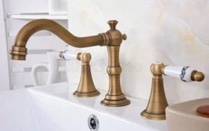 Antique Brass Widespread Bathroom Sink Faucet 3 Holes 2 Handles Basin Mixer Tap - Picture 1 of 7