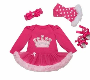 Infant Toddler Girl Princess Crown Pink Tutu Bodysuit Hair Bow Birthday Outfit - Picture 1 of 3