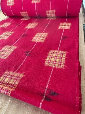 Vintage Japanese Wool Kimono Fabric by the Yard Red Check Kasuri Tsumugi 14in - Image 1 of 4