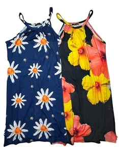 2 Lily Firmiana Halter Pullover Dresses LOT Womens 1XL Daisies Hibiscus Comfy EC - Picture 1 of 10