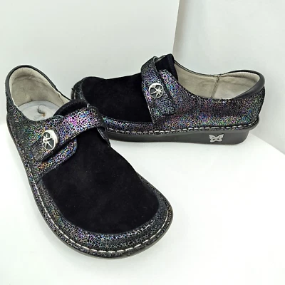 Tamancos Alegria Brenna Moon Shadow tamanho 38 EUA 7,5 preto camurça iridescente craquelado - Imagem 1 de 4