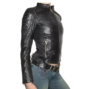 Sexy Lady Leather Jacket Real Lambksin Leather Quilted Motorcycle Cropped Jacket - Picture 1 of 11
