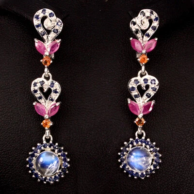 Regenbogen Mondstein Rubin Saphir Ohrringe 925 Silber 585 Weißgold vergoldet - Bild 1 von 2