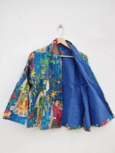 Giacca Trapunta Kantha Fatta a Mano Trapuntata Corta Kimono Donna Indossa Colore Blu - Foto 1 di 8