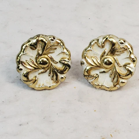 2 Vintage Gold/White Round Drawer Knob Pulls Floral Design 1" dia Cover