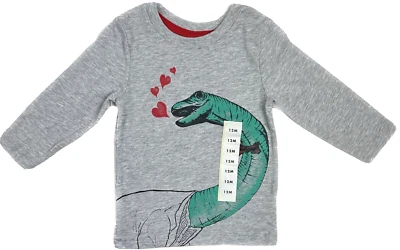 Camiseta Cat and Jack bebê cinza manga longa algodão estampa de corações de dinossauro tamanho 12 MO - Imagem 1 de 2