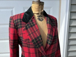 Vintage 80er 90er rot Schottenkaro Wolle Samt Reit Blazer Jacke Brust 42 - Bild 1 von 10