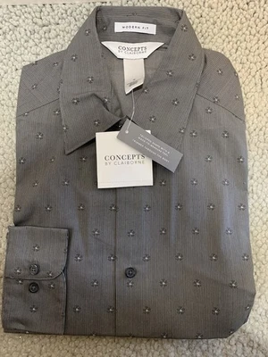 Concepts By Claiborne Shirt Mens M Gray Long Sleeve Modern Fit Striped - Image 1 of 4