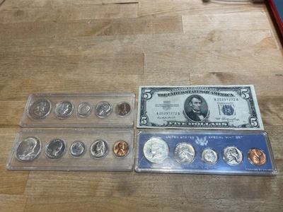 1960 US Coin Year Set 3 90% Silver Coins 1953 5-dollar Bill 1967 Mint Set & 1968 - Image 1 of 4