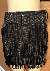 Black Silver Studded Fringed Belted Mini Flapper Inspired Skirt By Nylon Sm cpc - Picture 1 of 10