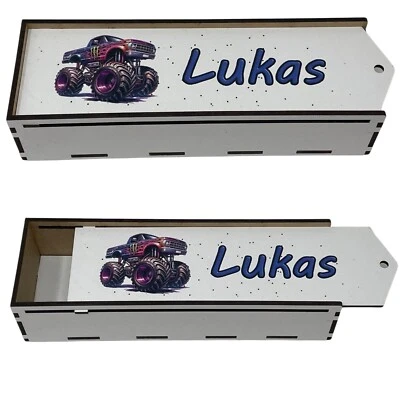 FADENSALAT Stiftebox aus Holz personalisiert Geschenk Einschulung Stifte Etui Monstertruck