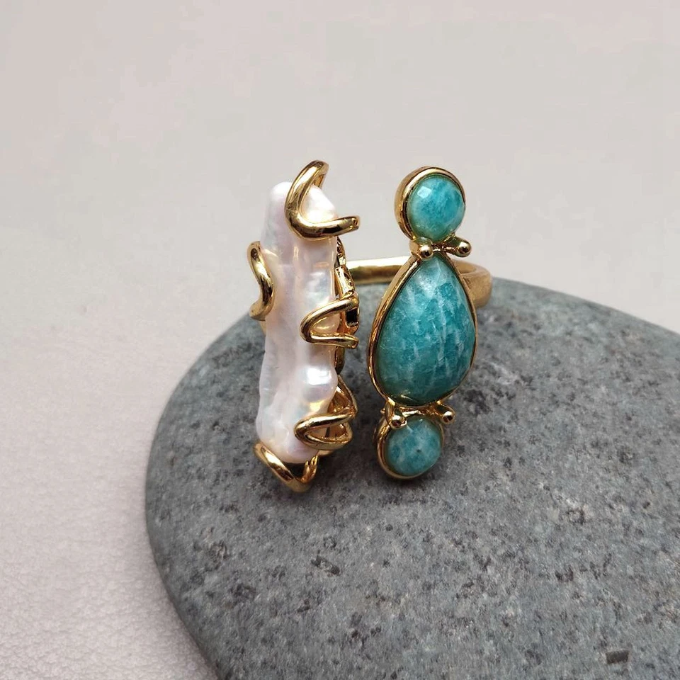 Anillos ajustables de amazonita azul perla Biwa blancos cultivados Foto 1 de 4