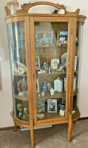 Antique Oak Curved Beveled Glass China Cabinet+Beveled Mirror+Key + Shipping Cover