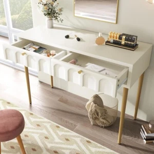 White Dressing Table with 2 Drawers & Gold Legs – Bedroom Makeup Desk - Picture 1 of 12