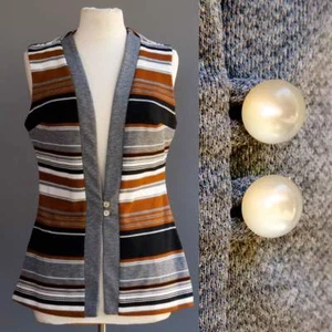 VTG 70s Striped Mod Vest Brown Black Grey Textured Poly Knit Moonglow Button M - Picture 1 of 6