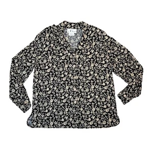 Vintage N Touch Womens Size 16 Black & White Floral Shoulder Pads Blouse Shirt - Picture 1 of 8