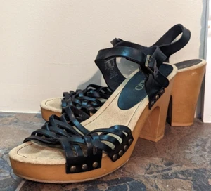 Bongo Vintage Black Rivet Sandals Wood Chunky Heel Size 9.5 US - Picture 1 of 6