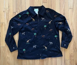 Quacker Factory Shacket Embroidered Animals AOP M Cotton Jacket Zip Grandmacore - Picture 1 of 8