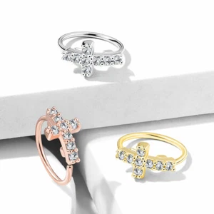 CZ Paved Cross Bendable Ear Cartilage Earrings Tragus Helix Hoop Nose Rings - Picture 1 of 13
