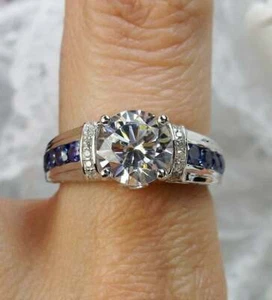 3Ct Round Lab Created Diamond/Sapphire Women's Engagement Ring 14K White Gold Fn - Picture 1 of 8
