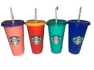 Starbucks 4 Stück wiederverwendbare farbwechselnde Cold Cups mit Deckel und Strohhalmen - Bild 1 von 3