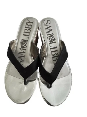 Sandalia Tanga Sam & Libby Cruz Corcho Cuña Plataforma Para Mujer Talla 7 Plateada y Negra Foto 1 de 4