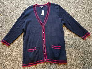Talbots marineblauer Cardigan Pullover mit Zopfmuster roter Besatz Damen Übergröße 2X NEU - Bild 1 von 14