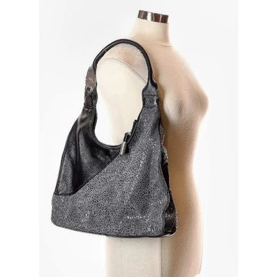 Bolso Hobo BODHI Cuero Negro Plateado Sutil Metálico Leopardo Foto 1 de 4