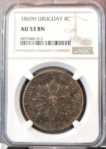 1869 URUGUAY 4 CENTESIMOS RADIANT SUN NGC AU 53 BN GREAT LOOKING COIN - Picture 1 of 3
