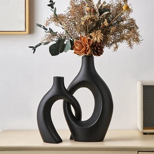 Black Large Ceramic Flower Vase: Crossed Flower Vases Set of 2 Modern Home Decor - Picture 1 of 9